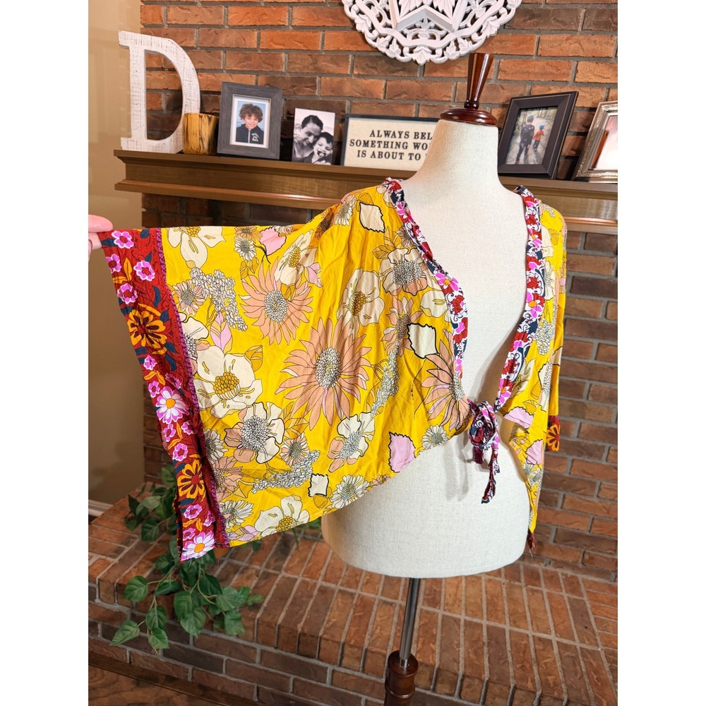 Anthropologie Khai Kimono Top Women Yellow Floral Front Tie Rayon One Size